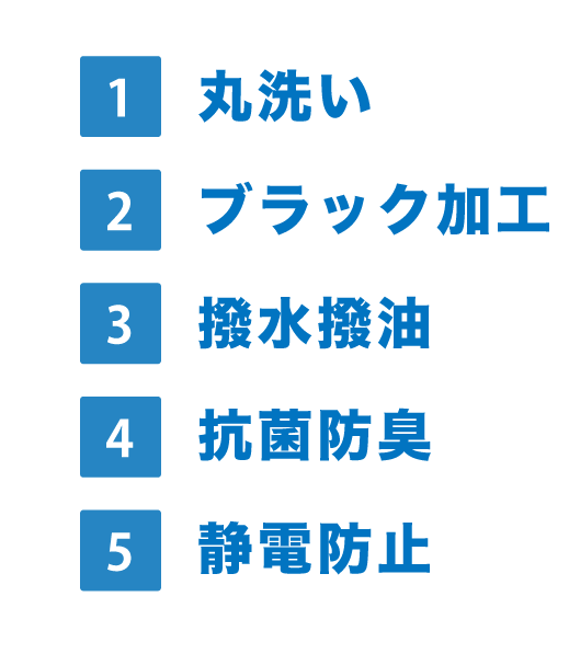 1.丸洗い、2.ブラック加工、3.撥水撥油、4.抗菌防臭、5.静電防止